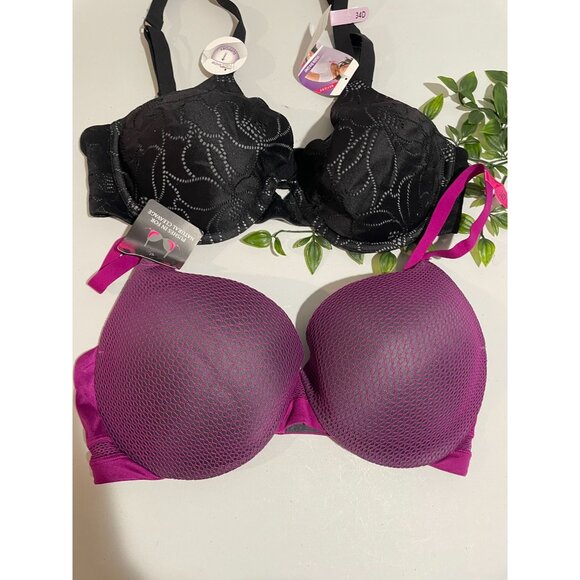 2-Pack Womens Bras 34D Black Lace&Purple Mesh Padded Underwire Support Comfortab - Picture 3 of 6